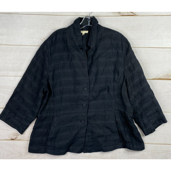 Eileen Fisher Linen Jacket Top Womens XL Black Button Up Pockets Lightweight - Picture 1 of 10